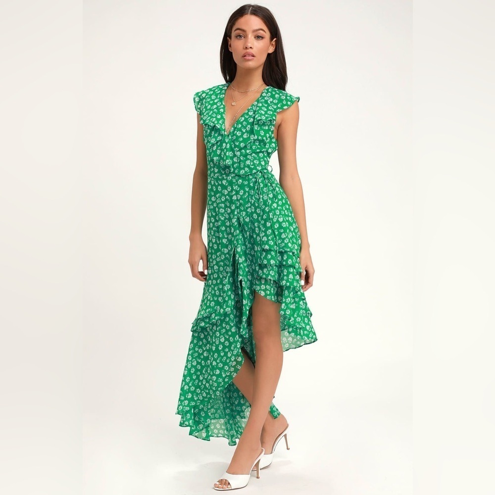 Lulu's Cornelia Green Floral Print Ruffled Wrap Midi  High Low Dress